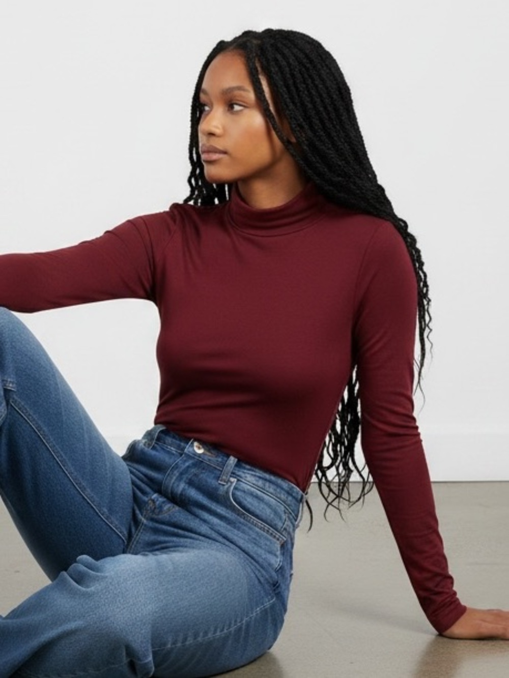 974 • Cabernet Microfiber Butter Soft Stretch Mock Neck Long Sleeve Top